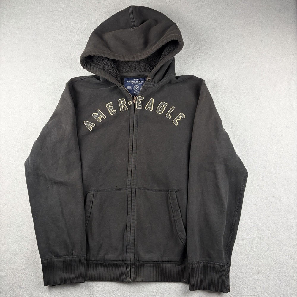 American Eagle Sherpa Lined Full Zip Hoodie Black Spellout Men's XL
